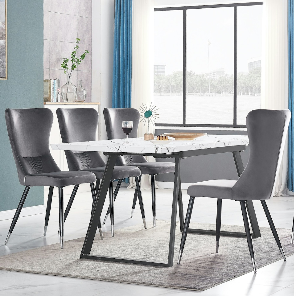 image 1 of Set of 2 New York Modern Velvet Dining Chairs with High Back, Black Metal Legs | Grey | Silver End Tips