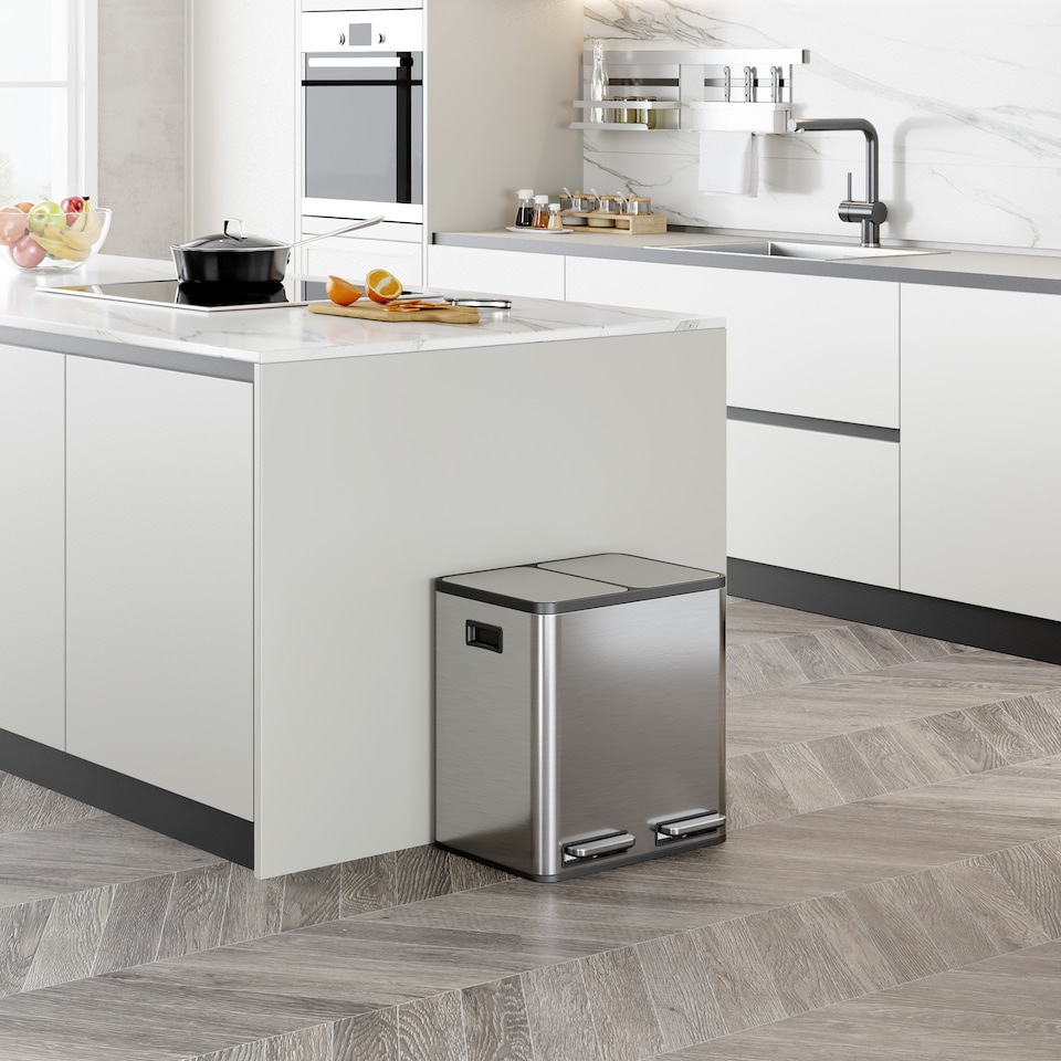 image 1 of VonHaus Cream 30L Waste & Recycling Kitchen Bin, 2 x 15L Compartment Stainless Steel Pedal Bin w/ Non Slip Base, Removable In-Bins | Chrome | Stainless Steel | 45L