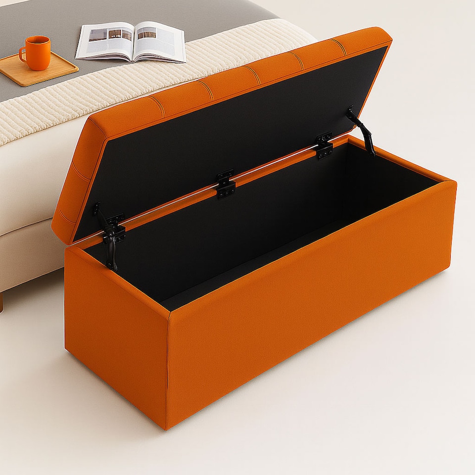 image 1 of 137cm Chesterfield Ottoman Storage Box, Burnt Orange Plush Velvet Upholstered Blanket Box, End of Bed Bench, Deep Storage Chest