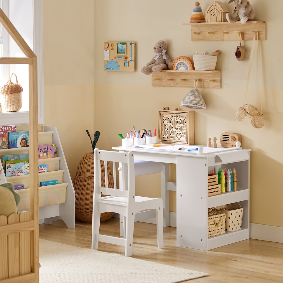image 1 of SoBuy KMB60-W,Toddler Activity Table and Chair Set with Storage for Playroom | White | White