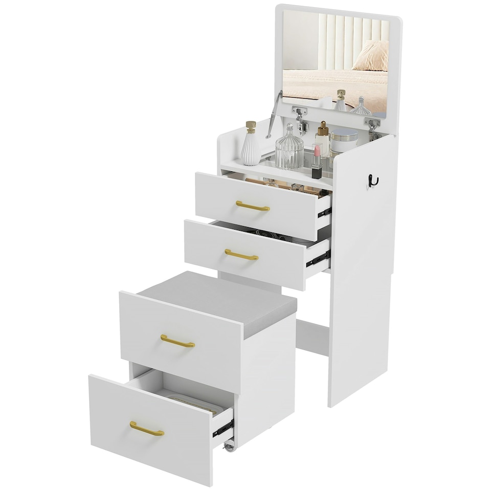 image 1 of HOMCOM 3 in 1 Dressing Table Vanity Desk with Mirror and Cushioned Stool White