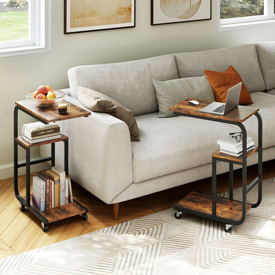 image 1 of COSTWAY Set of 2 C-shaped End Table Couch Table w/Shelves Brown