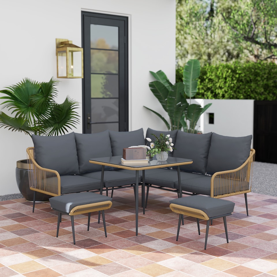 image 1 of Outsunny 6 Piece Garden Furniture Set Garden Sofa with Cushions, Light Brown