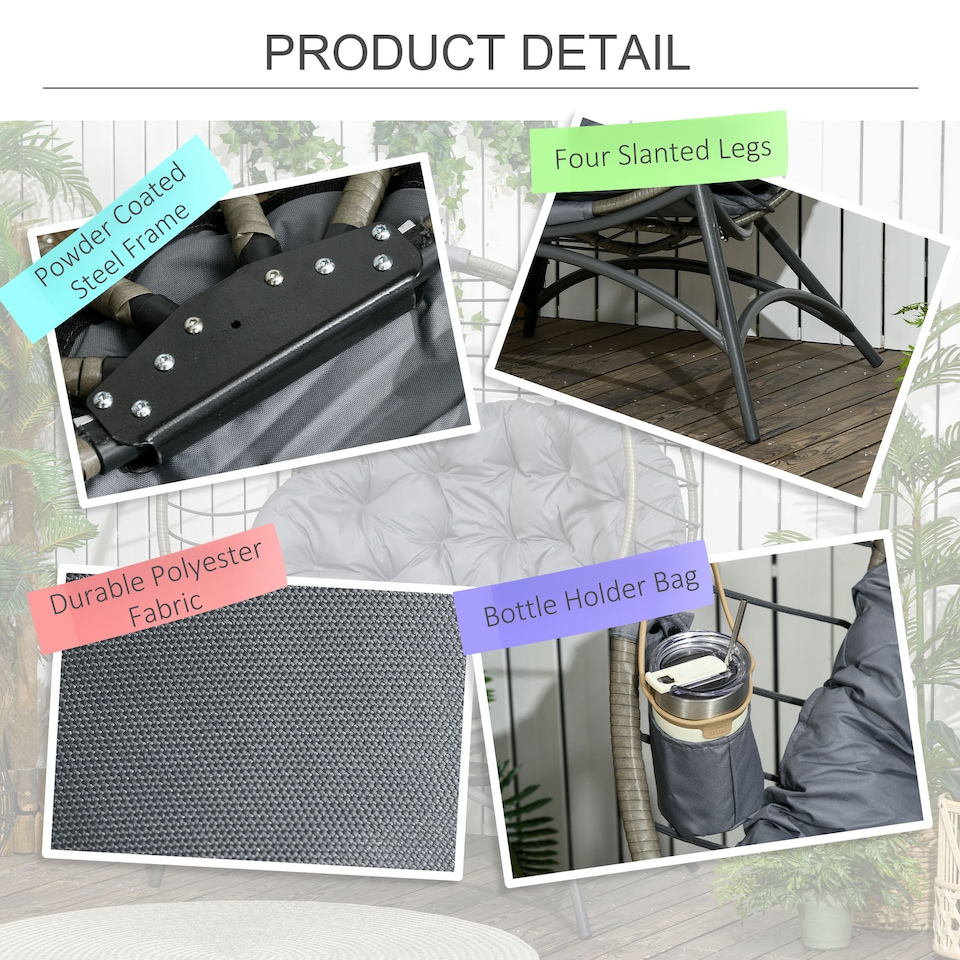 image 1 of Outsunny Folding Rattan Egg Chair, Freestanding Basket Chair with Cushion, Bottle Holder Bag for Outdoor or Indoor, Grey