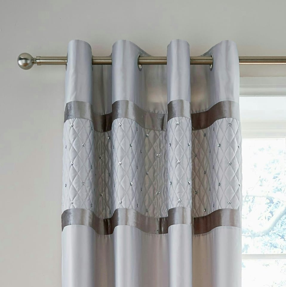 image 1 of Catherine Lansfield Sequin Cluster Lined Eyelet Curtains | Silver | Silver Grey