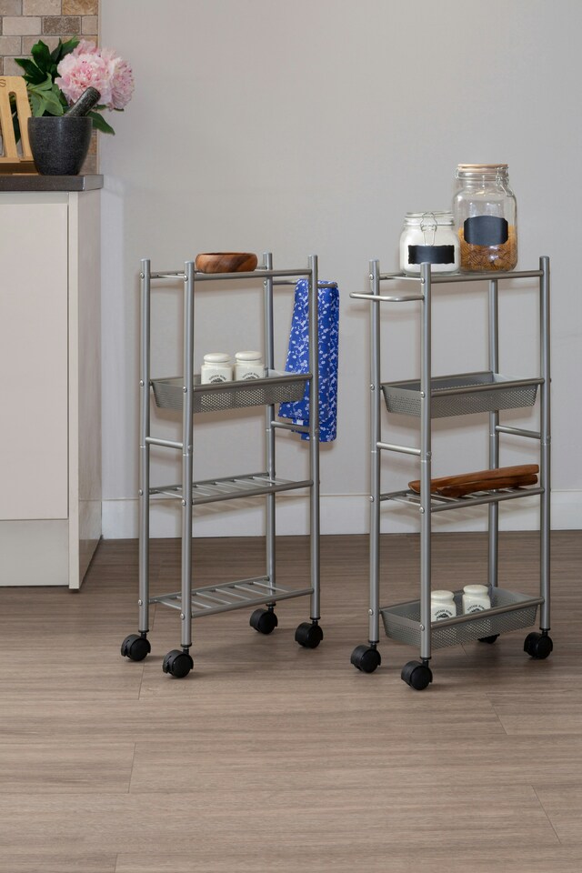 image 1 of Dara 4 Tier Silver Metal Trolley with Basket | Silver
