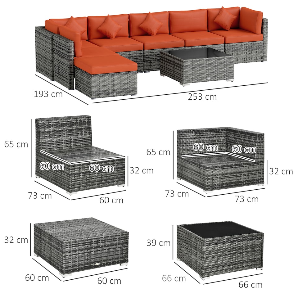 image 1 of Outsunny 8 Pieces PE Rattan Corner Sofa Set, Outdoor Garden Furniture Set, Patio Wicker Sofa Seater Cushion, Washable Cushion Cover & Tempered Glass Table, Orange