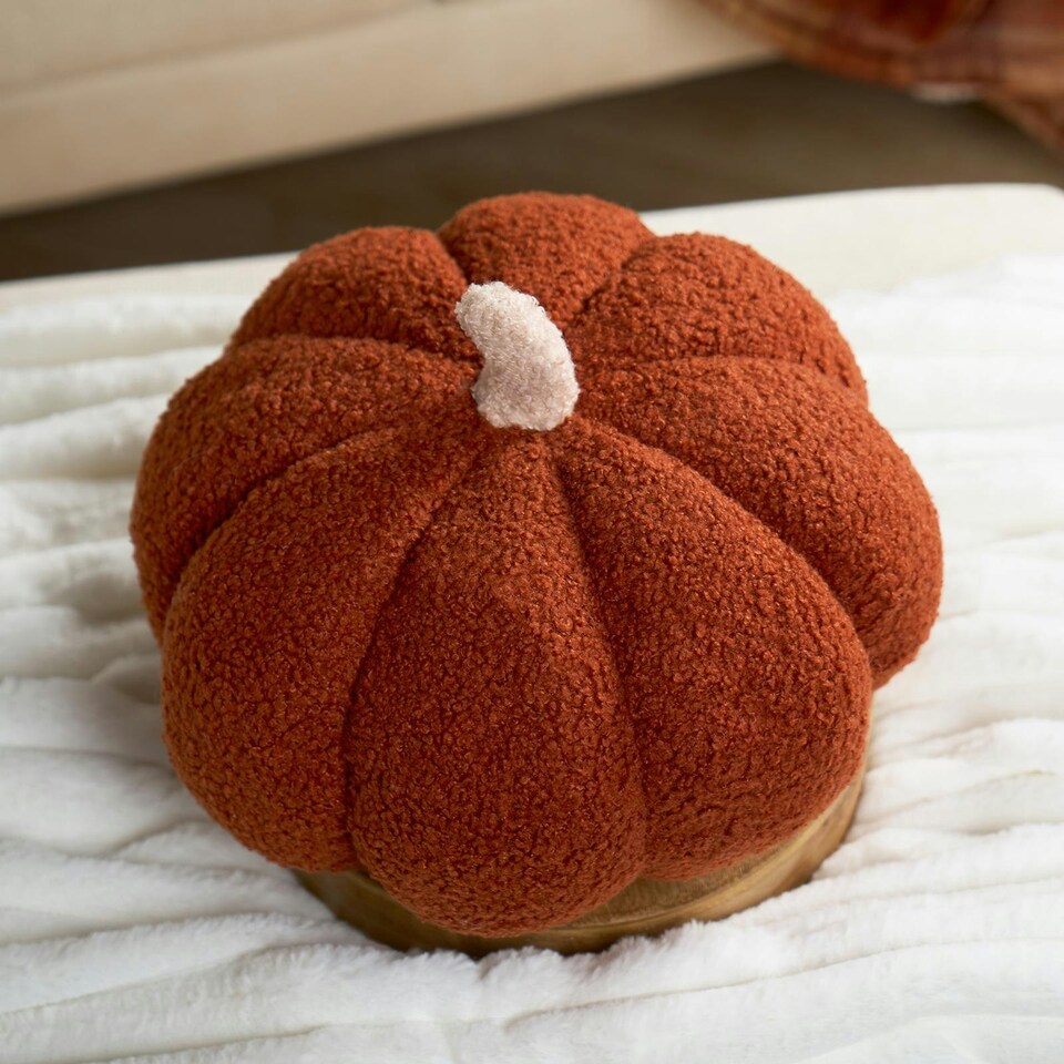 image 1 of OHS 2 x Boucle Fleece Pumpkin Shaped Halloween Fall Autumn Decoration Filled Cushions, 25x25cm - Rust