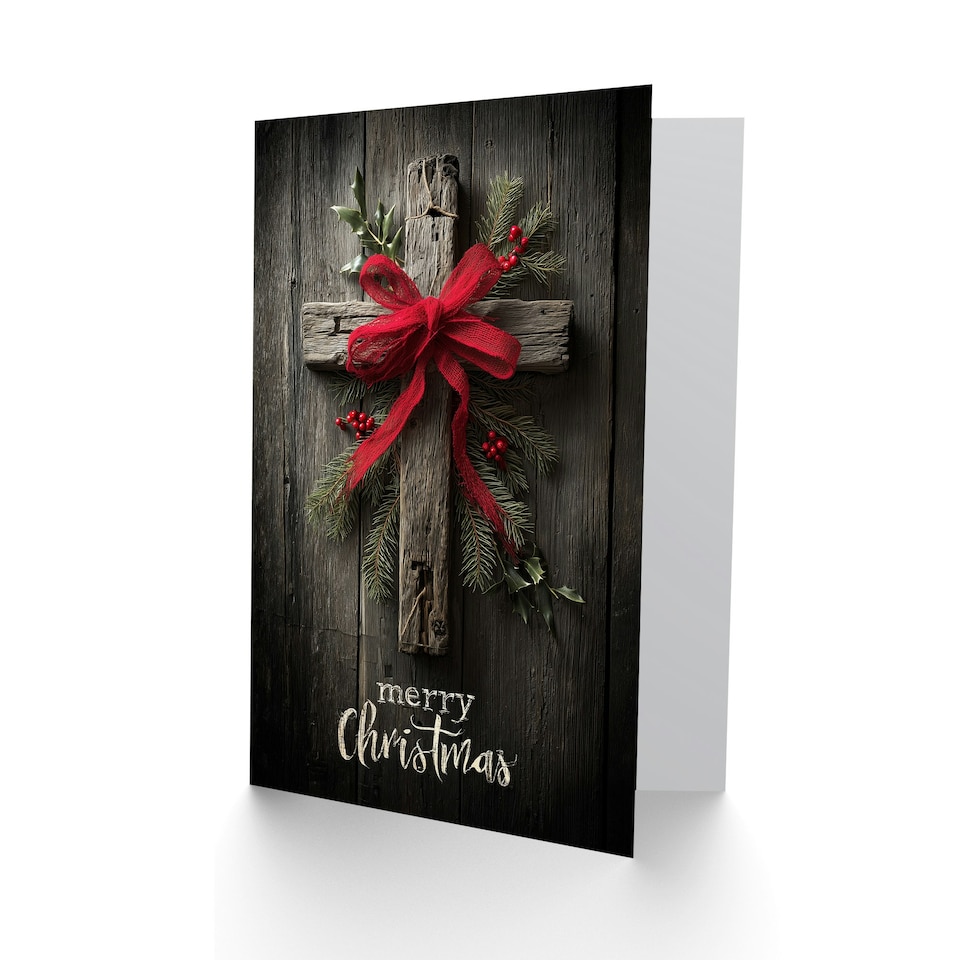 image 1 of Christmas Card Wooden Cross With Pine Holly and Red Bow