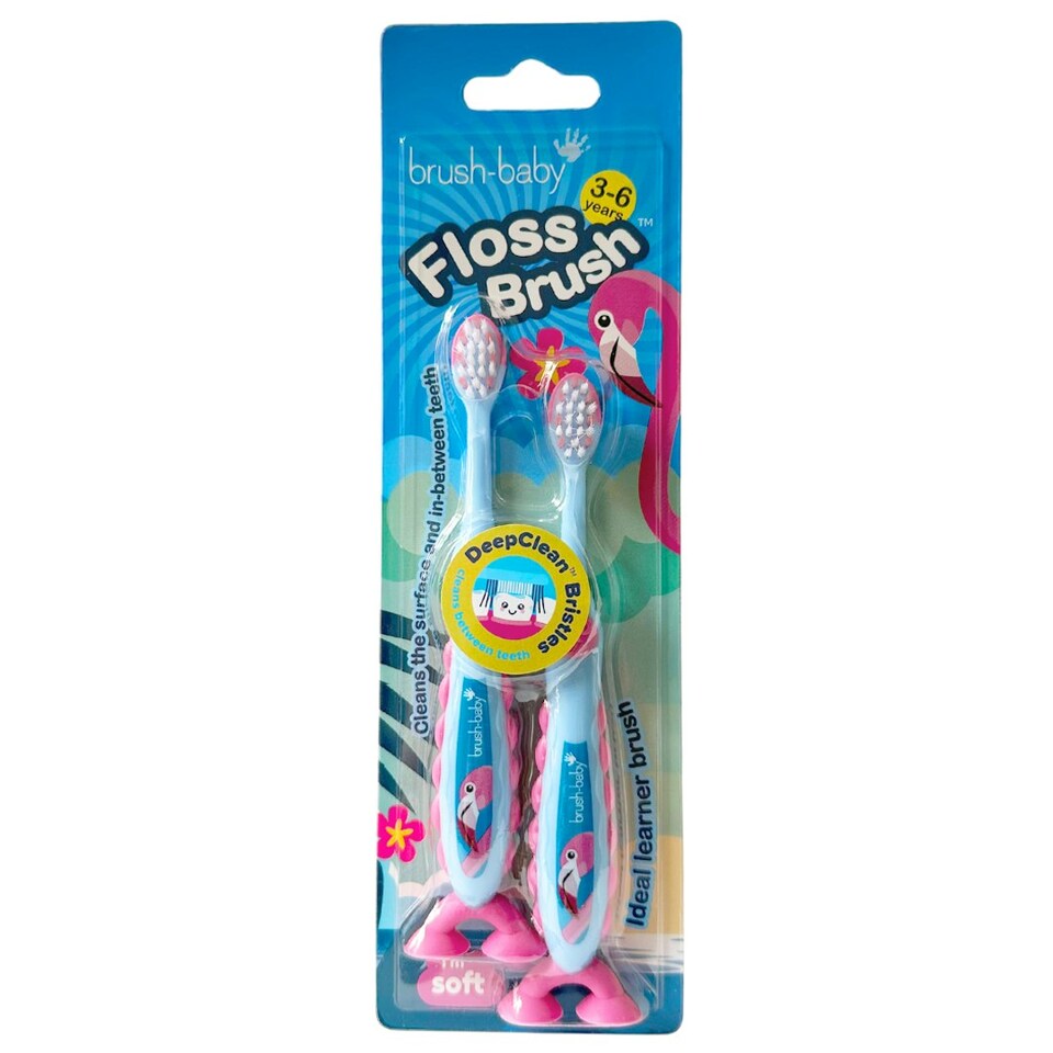 image 1 of Brush Baby Flamingo FlossBrush™ Bristles Toothbrushes Double Pack (3-6 Years)