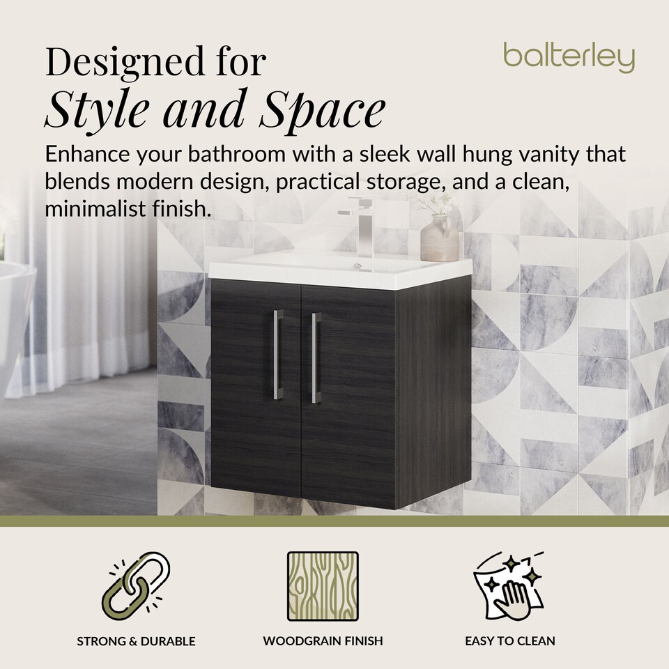 image 1 of Balterley Contemporary Bathroom Wall Hung 2 Soft-Close Door Vanity Unit & Mid-Edge Basin | Black | Charcoal Black