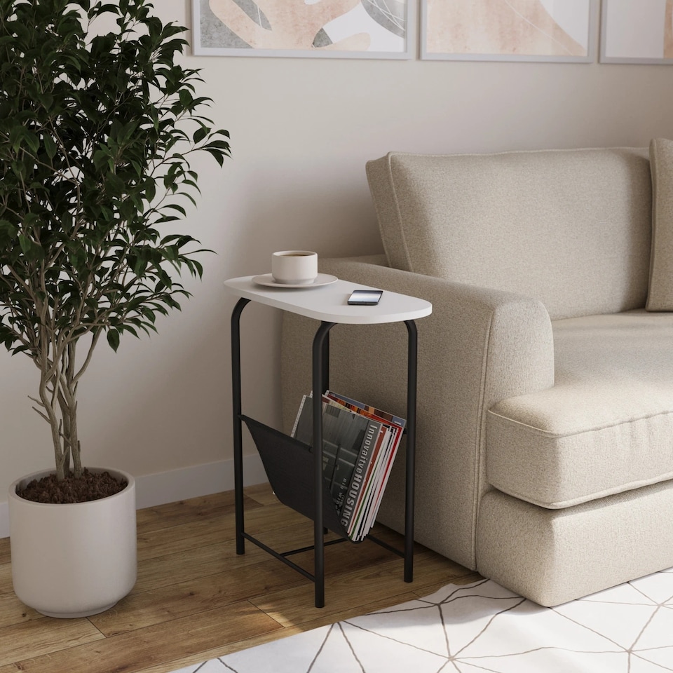 image 1 of Slim Oval Side End Table with Magazine Holder Sling Rack Coffee Snacks Newspapers | Multi | White