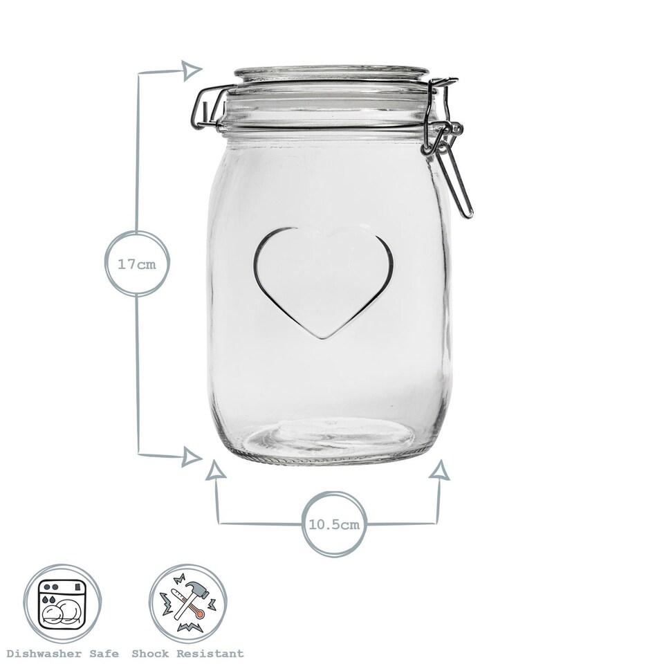 image 1 of Nicola Spring Heart Glass Storage Jars - 1 Litre - Clear Seal - Pack of 3