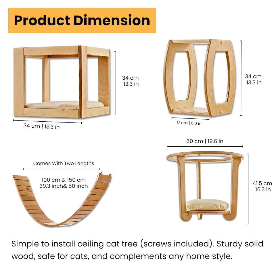 image 1 of NOVECRAFTO Modular Ceiling Cat Furniture – Wooden Hanging Cat Tower with Shelves, Bridge & Sleeper – Space-Saving Climbing System for Indoor Cats Brown