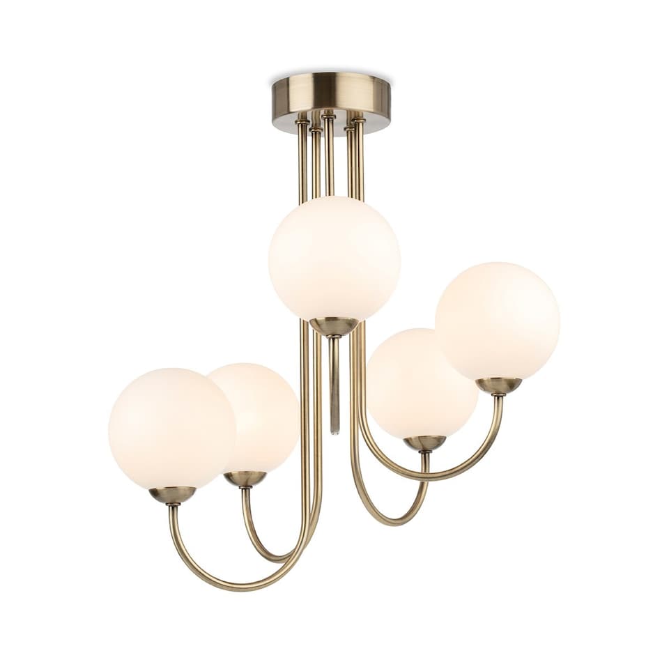 Lyndon 5 Light Globe Flush Fitting Antique Brass with Opal White Glass