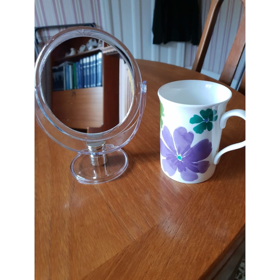 image 1 of Blue Canyon Free Standing Small Round Plastic Cosmetic Mirror Vanity Makeup Grooming Mirror for Bathroom and Bedroom
