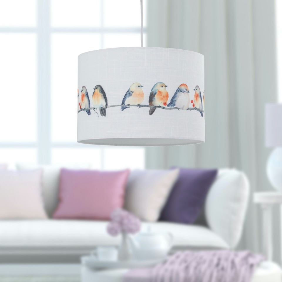image 1 of First Choice Lighting Set of 2 Branch Bird Print Linen Easy Fit 30cm Pendant Shades Multi