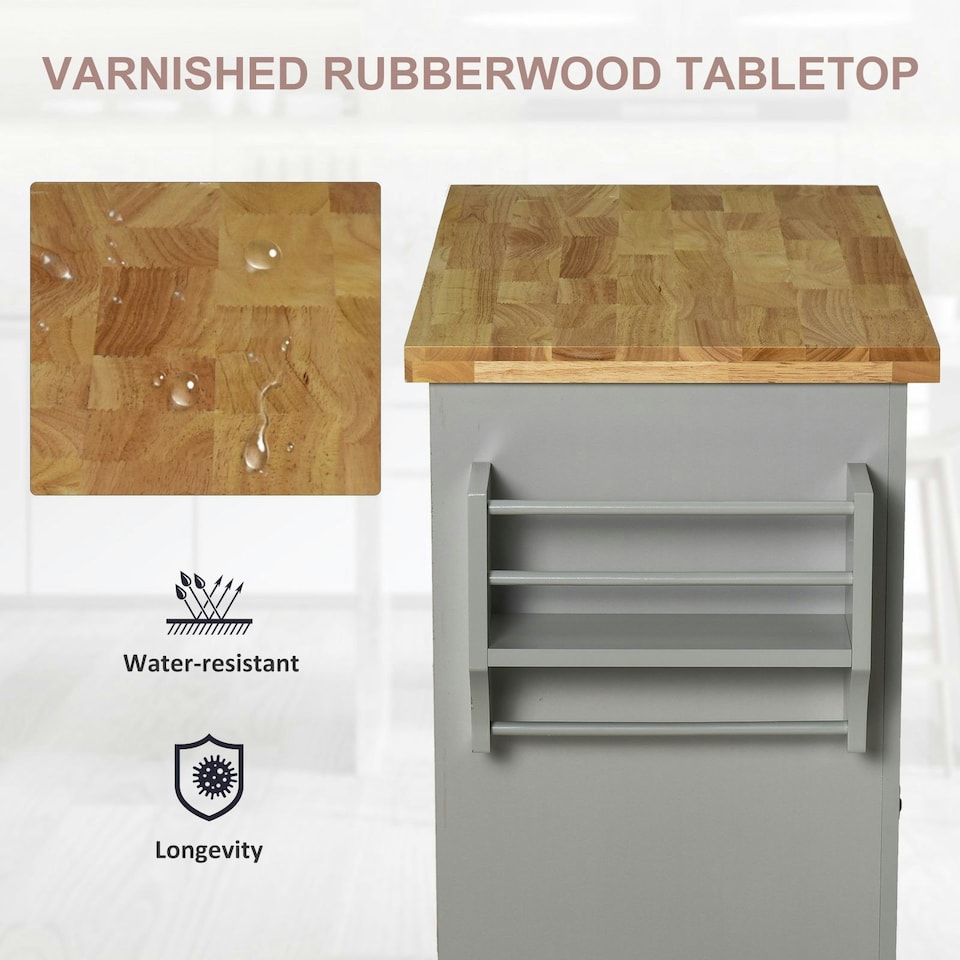 image 1 of HOMCOM Rolling Kitchen Island Cart w/ Rubber Wood Top, Towel Rack