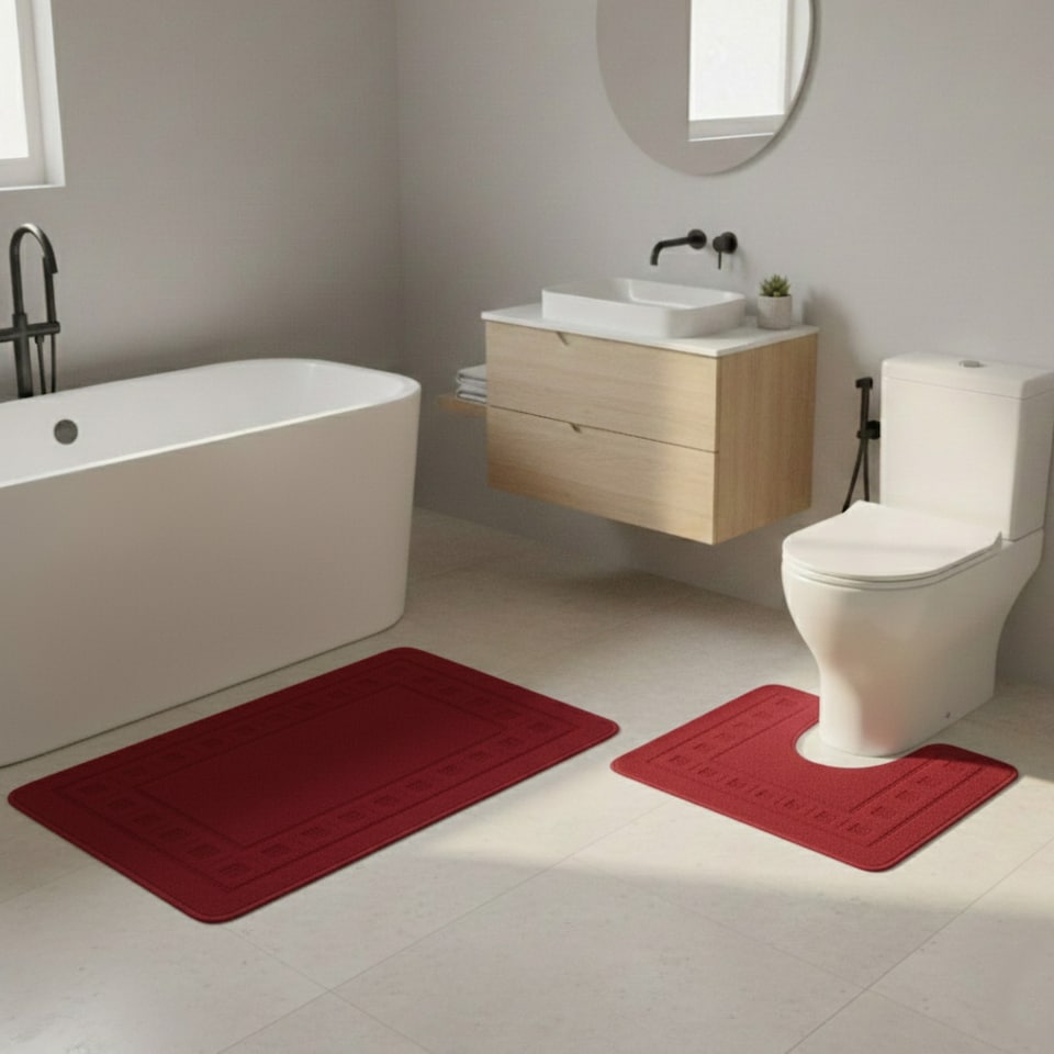image 1 of 2 Piece Box Design Bath Mat Set Soft Absorbent Non-Slip Bathroom Mats | Purple | Wine