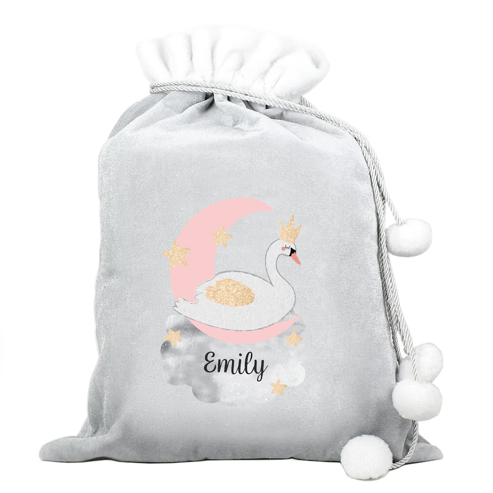 image 1 of Personalised Swan Lake Luxury Silver Grey Pom Pom Sack