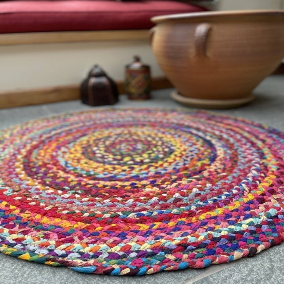 image 1 of SUNDAR Round Rug Braided with Recycled Fabric - L150 x W150 - Multicolour