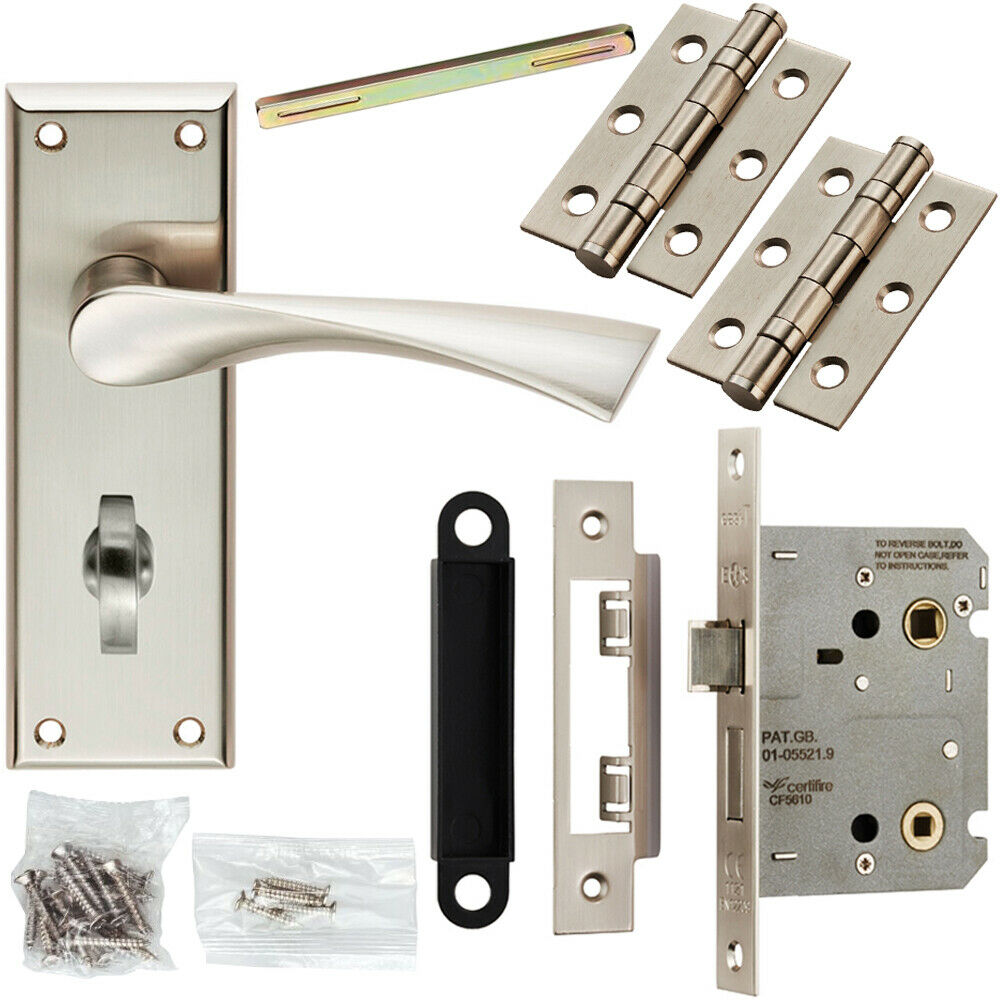Loops Door Handle & Bathroom Lock Pack Satin Nickel Modern Angled Lever Backplate in Metallics