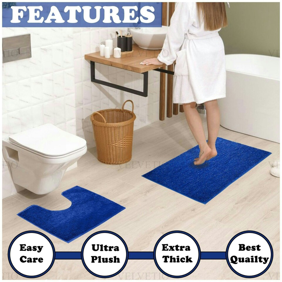 image 1 of VELVETIO Shiny Sparkling Bath Set Anti Slip Pedestal Mat Bathroom Rugs Blue | Royal Blue