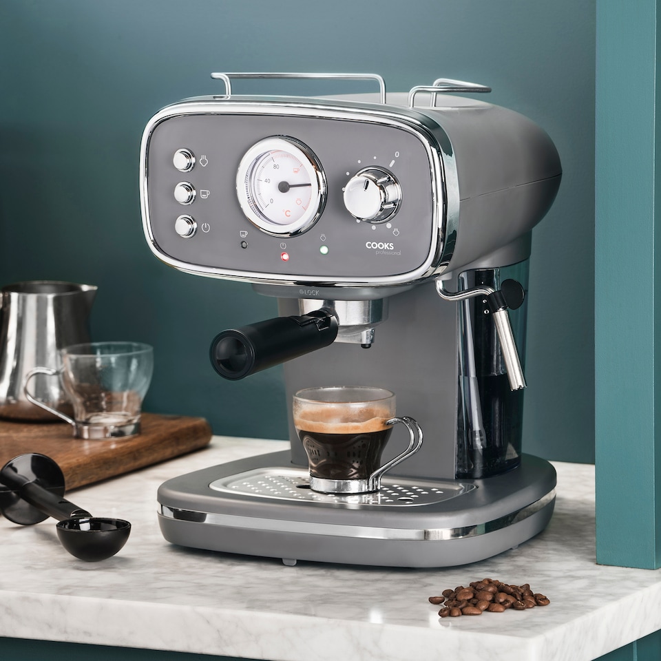 image 1 of Cooks Professional 15-Bar Retro Espresso Coffee Machine 1.2L with Frothing Steam Wand | Grey | Grey & Silver
