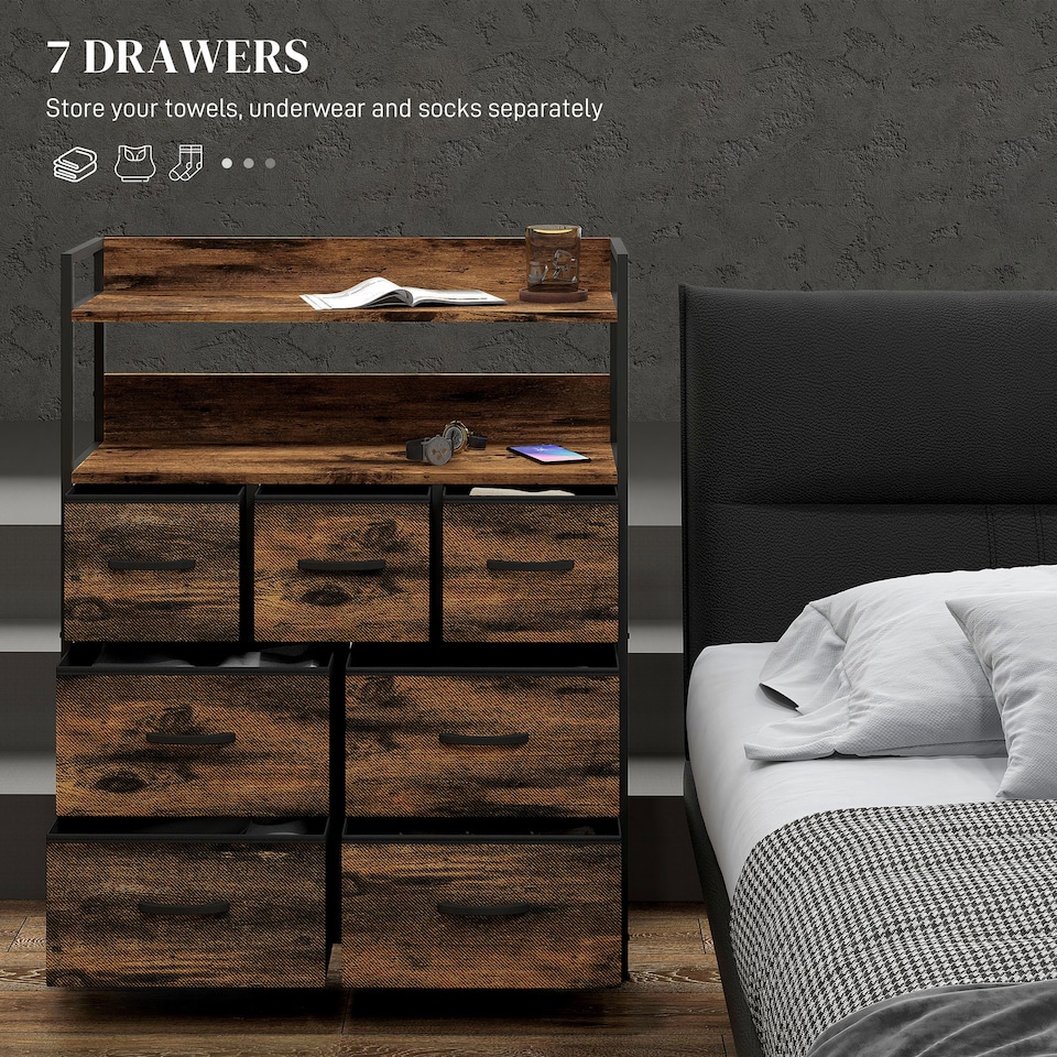 image 1 of HOMCOM Bedroom Chest of Drawers 7 Drawer Dresser w/ Shelves, Rustic Brown