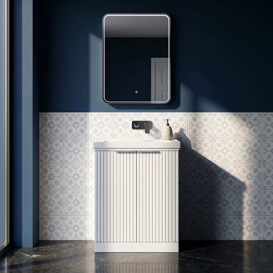 image 1 of Balterley Callingwood Contemporary Floor Standing 2 Door Vanity Unit with Traditional 0 Tap Hole Fireclay Basin , 600mm, Matt White