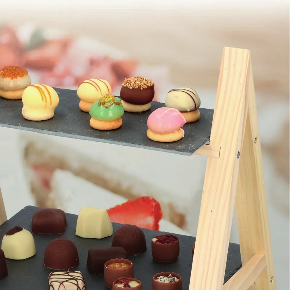 image 1 of 2-Tier Slate and Wood Snack Display Stand
