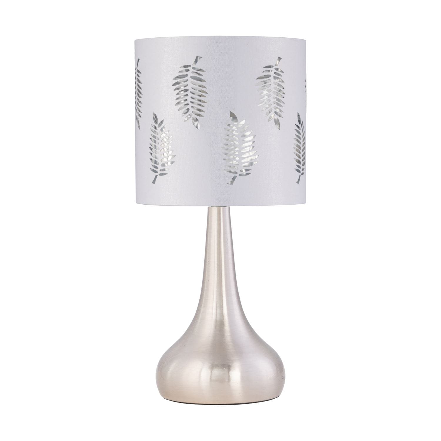 First Choice Lighting Romana - Brushed Chrome Touch Table Lamp with White Fern Shade in Silver