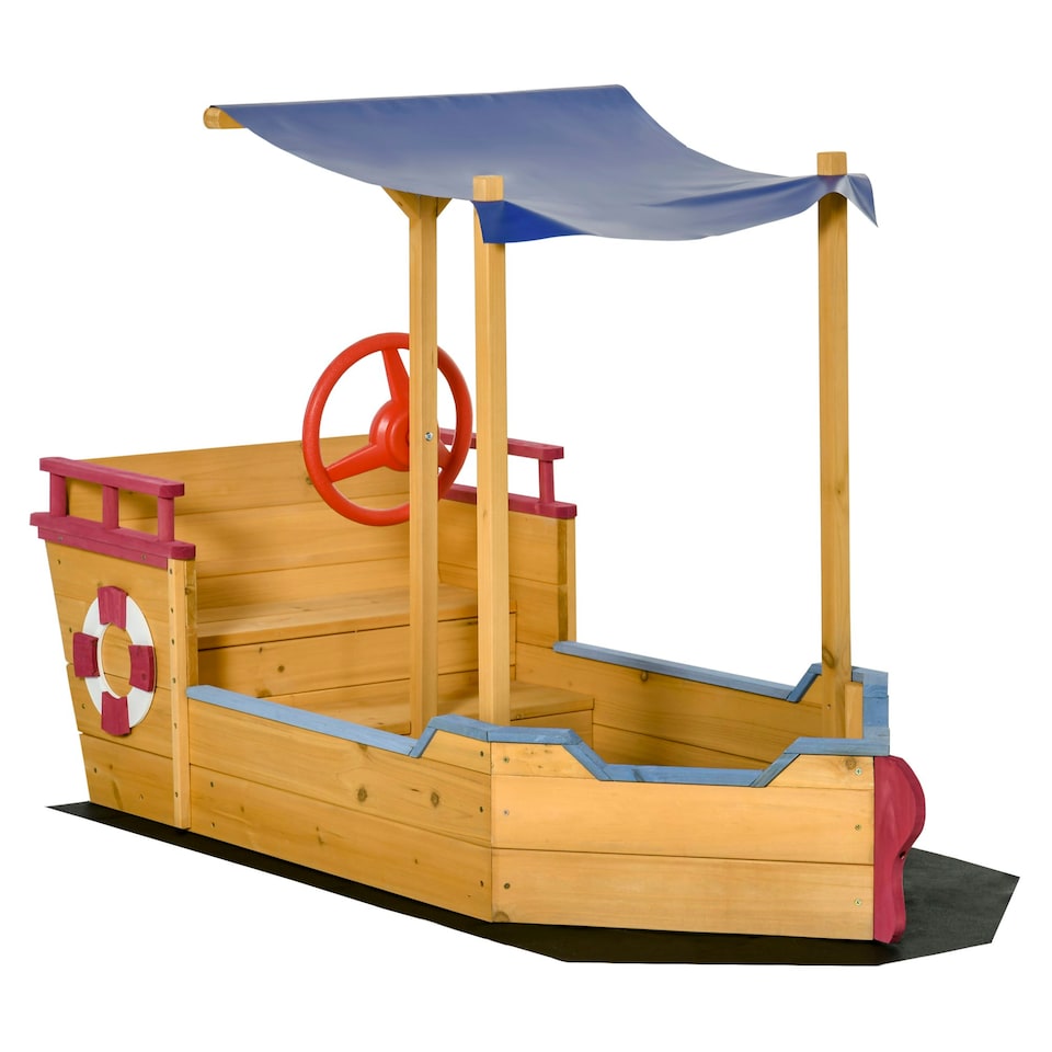 image 1 of Outsunny Kids Wooden Sand Pit Sandbox Pirate Sandboat Outdoor w/ Canopy Shade