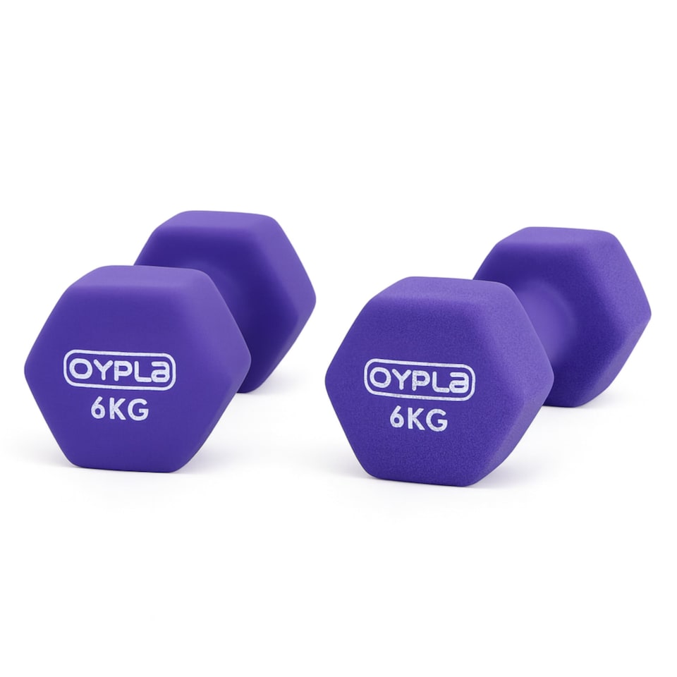 image 1 of Pair of 6kg Hex Anti Roll Neoprene Non Slip Hand Dumbbells Workout Weights