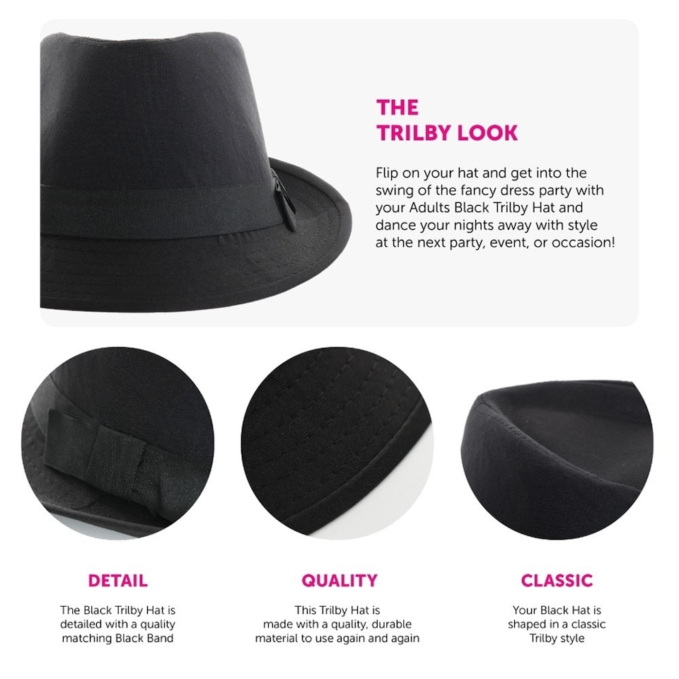 image 1 of Pack of 1 Black Trilby Hat 60cm Black | One Size