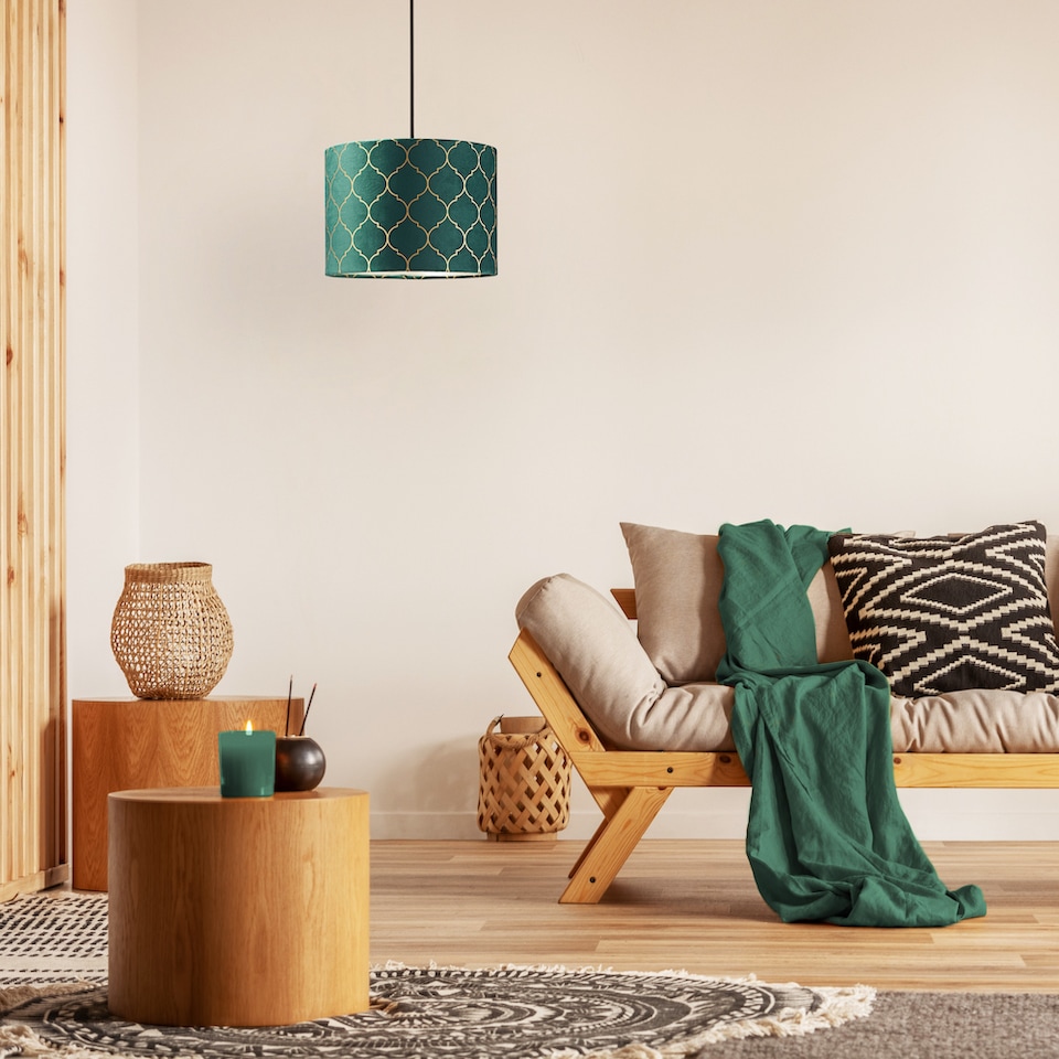 image 1 of Modern Soft Brushable Forest Green Velvet 25cm Lamp Shade with Gold Foil Decor | Green