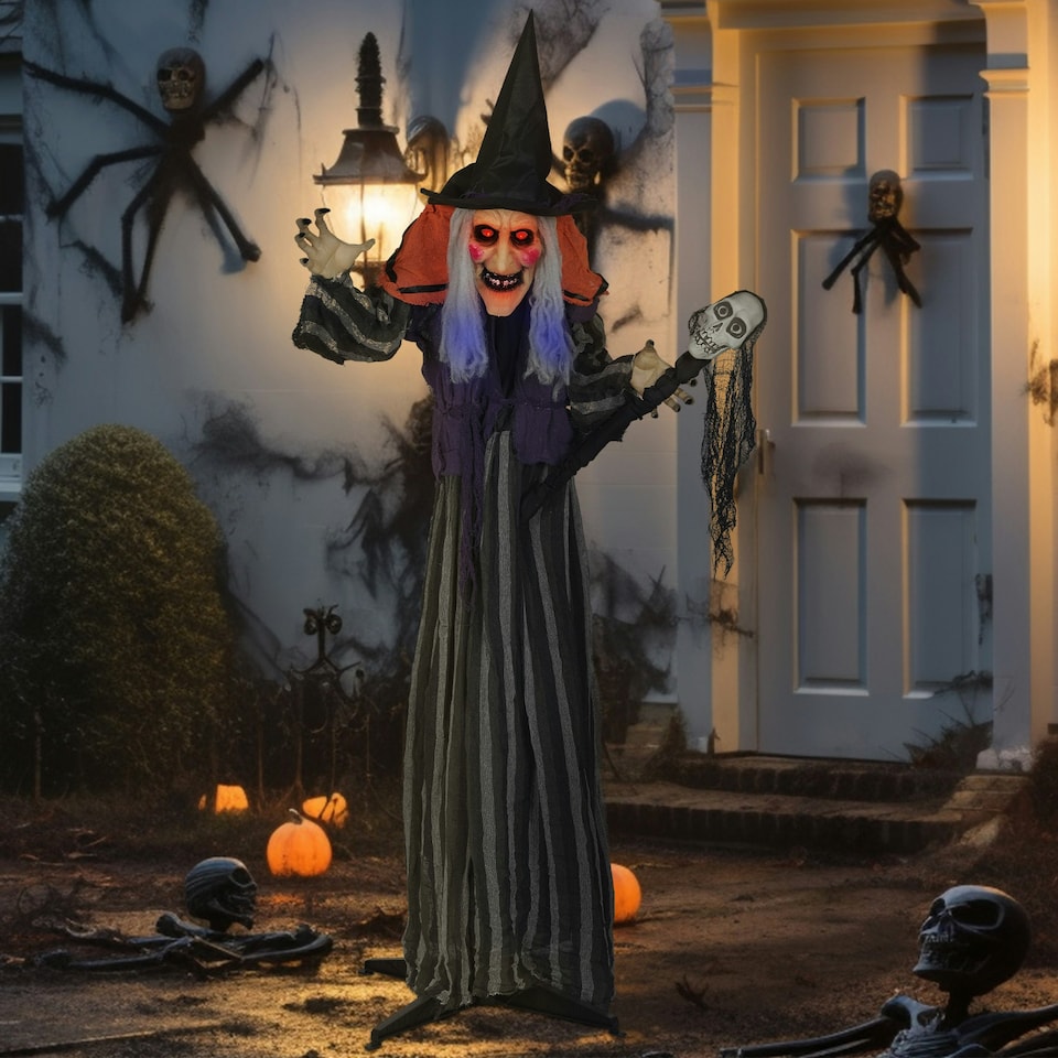 image 1 of Outsunny Voice Activated Halloween Animatronics Standing Witch & Skull Staff