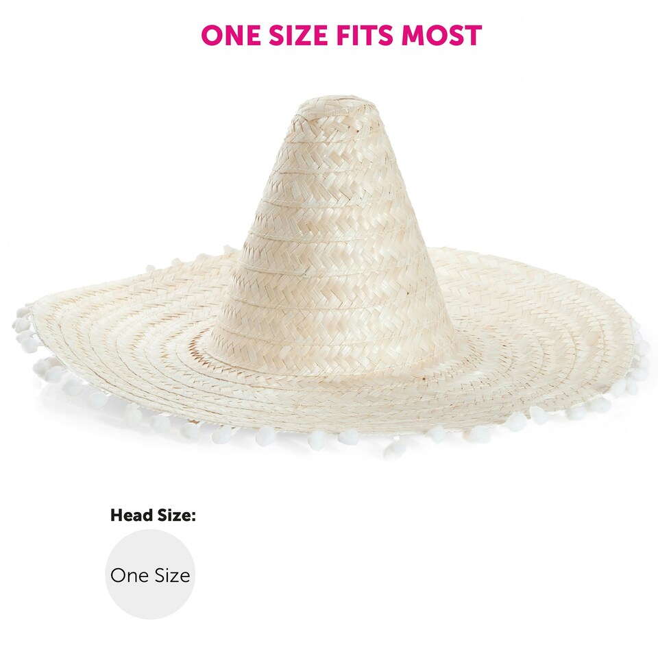 image 1 of Adult Natural Pom-Pom Sombrero – Mexican Style Fancy Dress Hat N/A | 3