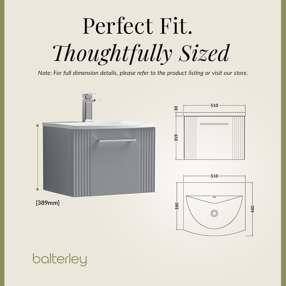 image 1 of Balterley Partial Fluted 1 Drawer Wall Hung Vanity Unit with 1 Tap Hole Curved Basin | Grey | Satin Grey