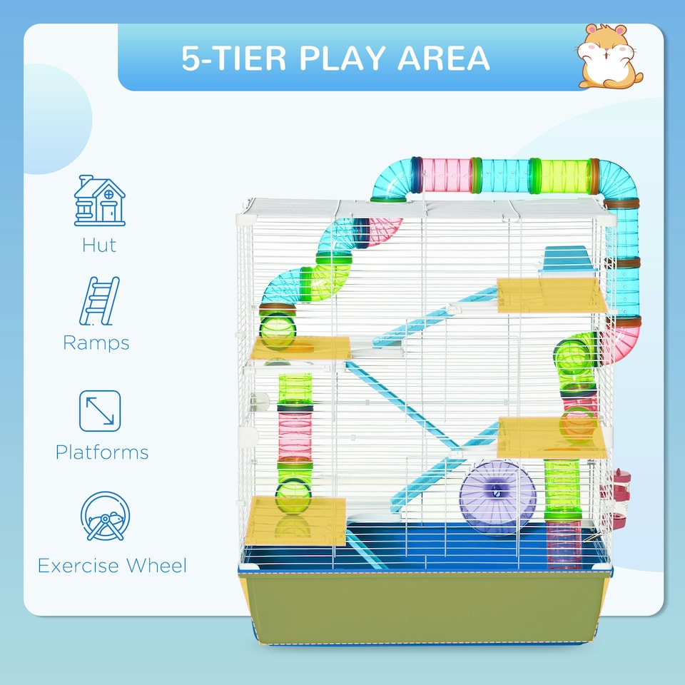 image 1 of PawHut Hamster Cage with Water Bottle, Exercise Wheel, Ramps - Blue