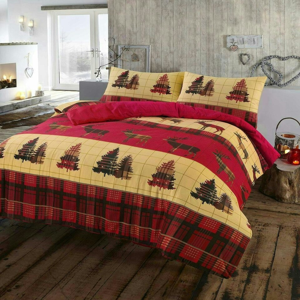image 1 of Brushed Cotton Tartan Stag Duvet Cover Set - Super King - Red | Red | Super King