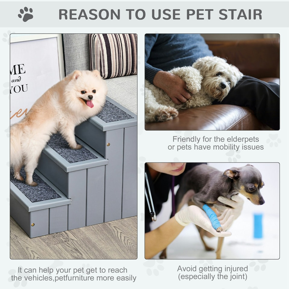 image 1 of PawHut 3 Step Wooden Dog Steps Pet Stairs Cat Ladder for Bed with Storage Grey
