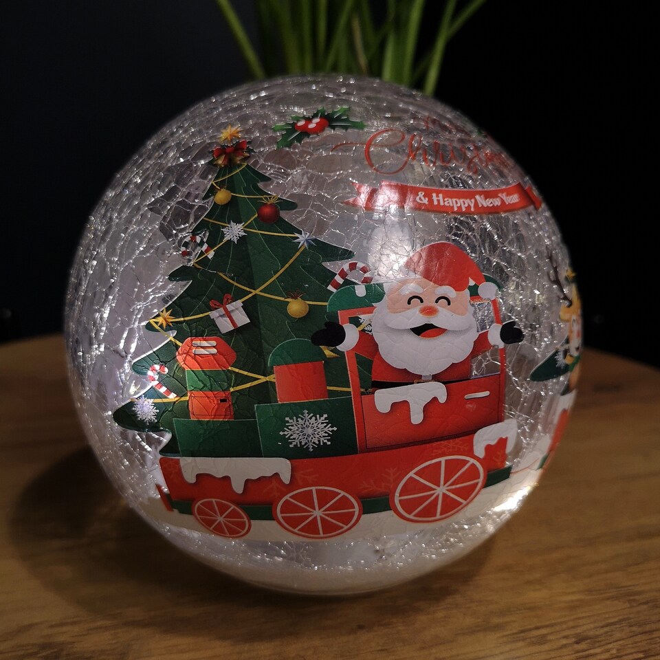 image 1 of 15cm Battery Operated Twinkling Warm White LED Crackle Effect Ball Christmas Decoration with Santa and Friends in Train