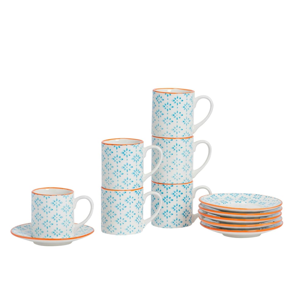image 1 of Nicola Spring 12 Piece Hand-Printed Espresso Cup & Saucer Set - 65ml - Blue