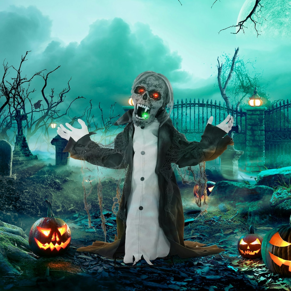 image 1 of HOMCOM Voice Activated Halloween Animatronics Skeleton, Battery Operated