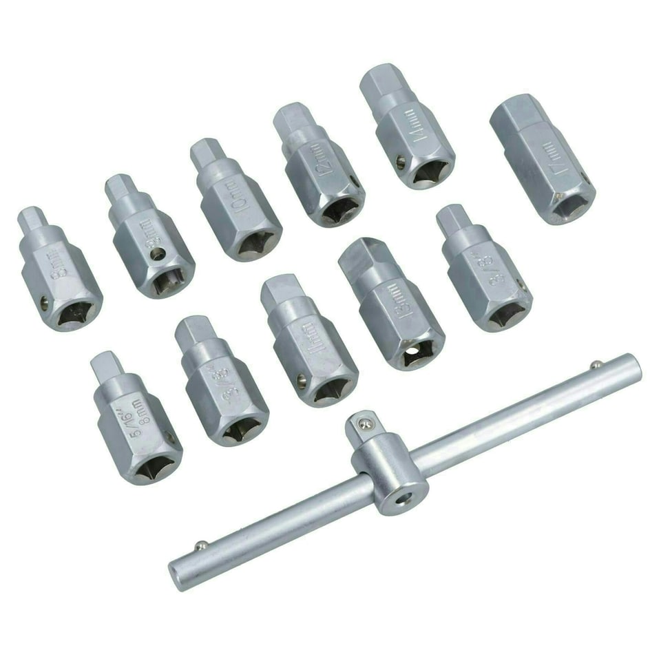 image 1 of 12pc Oil Drain Plug Key Set For Gear Boxes Back Axles Gearbox Hex + Square Bits