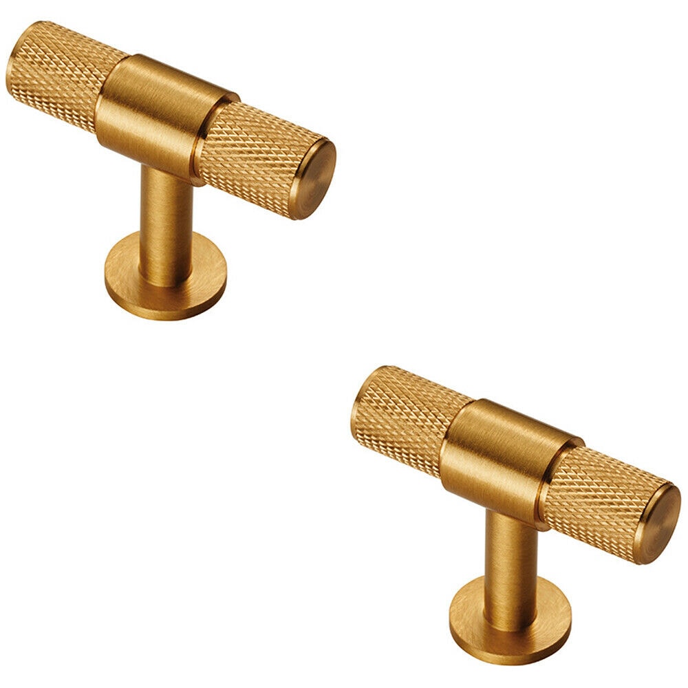 Loops 2x Knurled Cupboard T Shape Pull Handle 50 x 13mm Satin Brass Cabinet Handle in Metallics