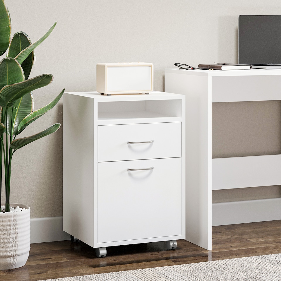 image 1 of HOMCOM 60cm Filing Cabinet with Drawer, Open Shelf, Metal Handles and 4 Wheels, Office Home Organiser Mobile Printer, White