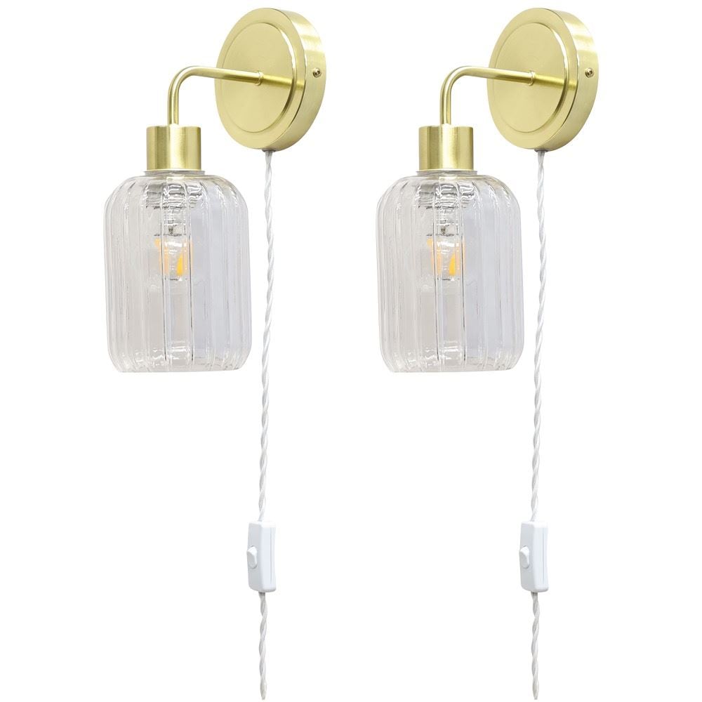 First Choice Lighting Set of 2 Toby - Satin Brass Plug in Wall Lights Ribbed Glass Shades in Gold
