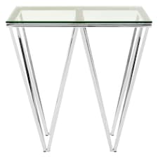 Chrome End Table with Triangular Base,Clear Tempered Glass Top Settee Side Table,Metal Design Side Table